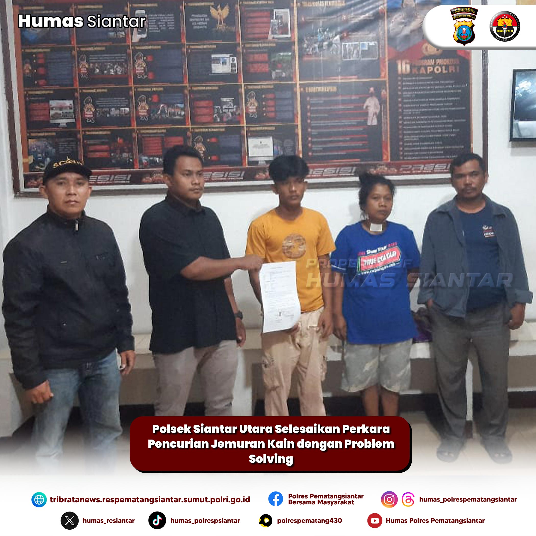 Polsek Siantar Utara Selesaikan Perkara Pencurian Jemuran Kain dengan Problem Solving