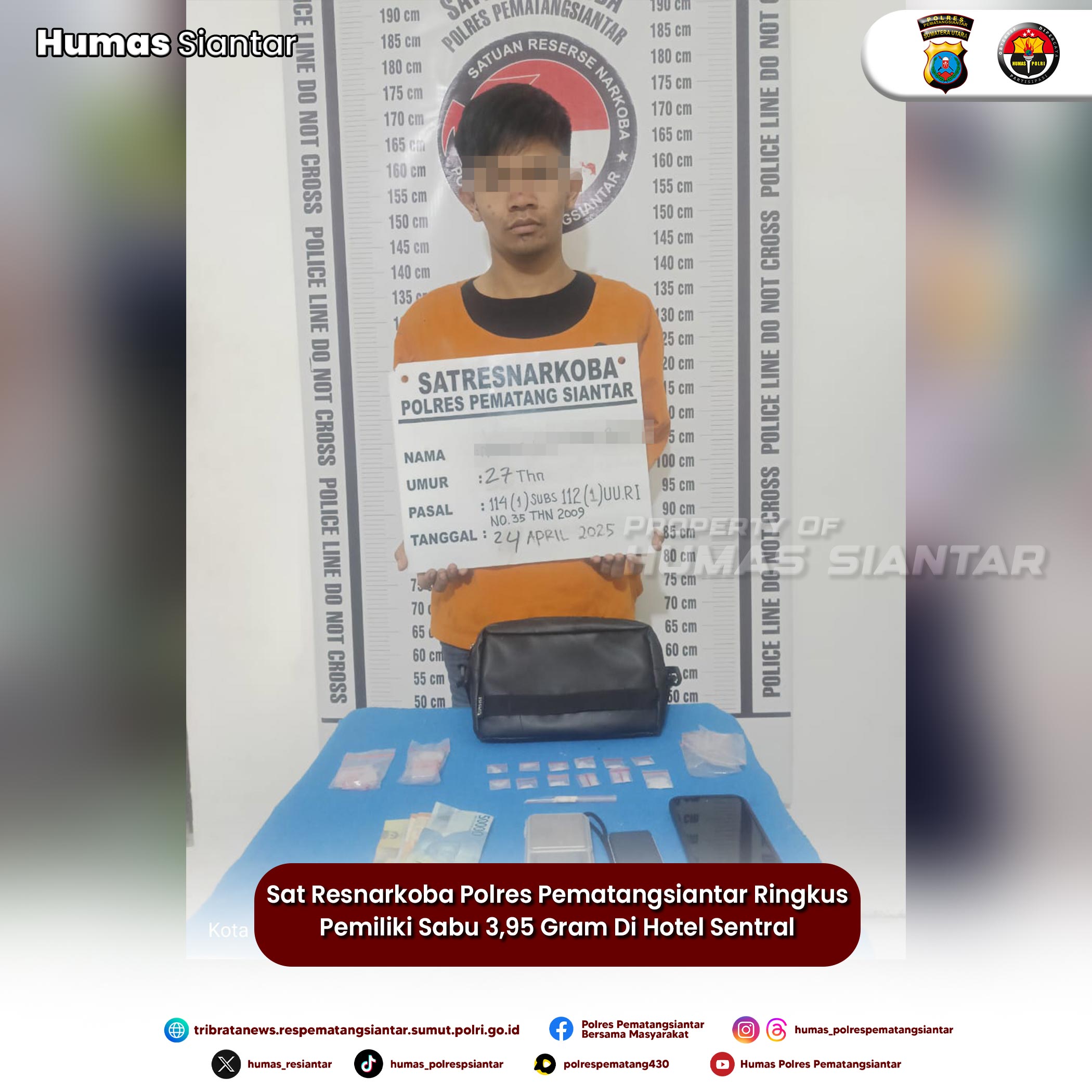 Sat Resnarkoba Polres Pematangsiantar Ringkus Pemiliki Sabu 3,95 Gram Di Hotel Sentral