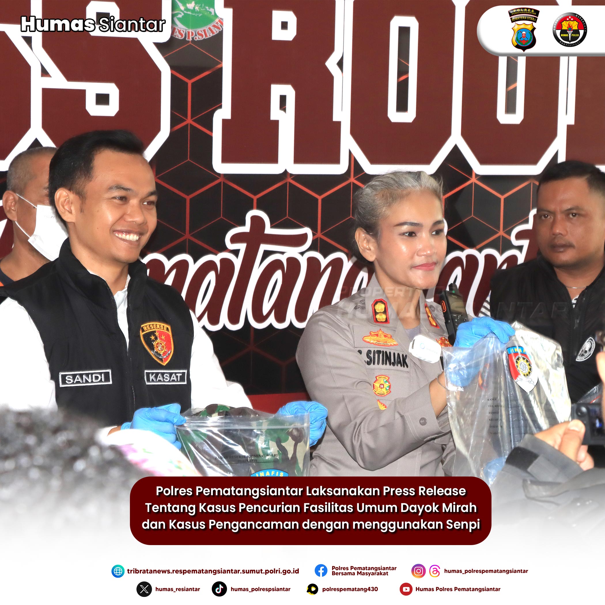 Kapolres Pematangsiantar Pimpin Press Release Pencurian Fasilitas Umum Dayok Mirah dan Pengancaman Gunakan Senpi