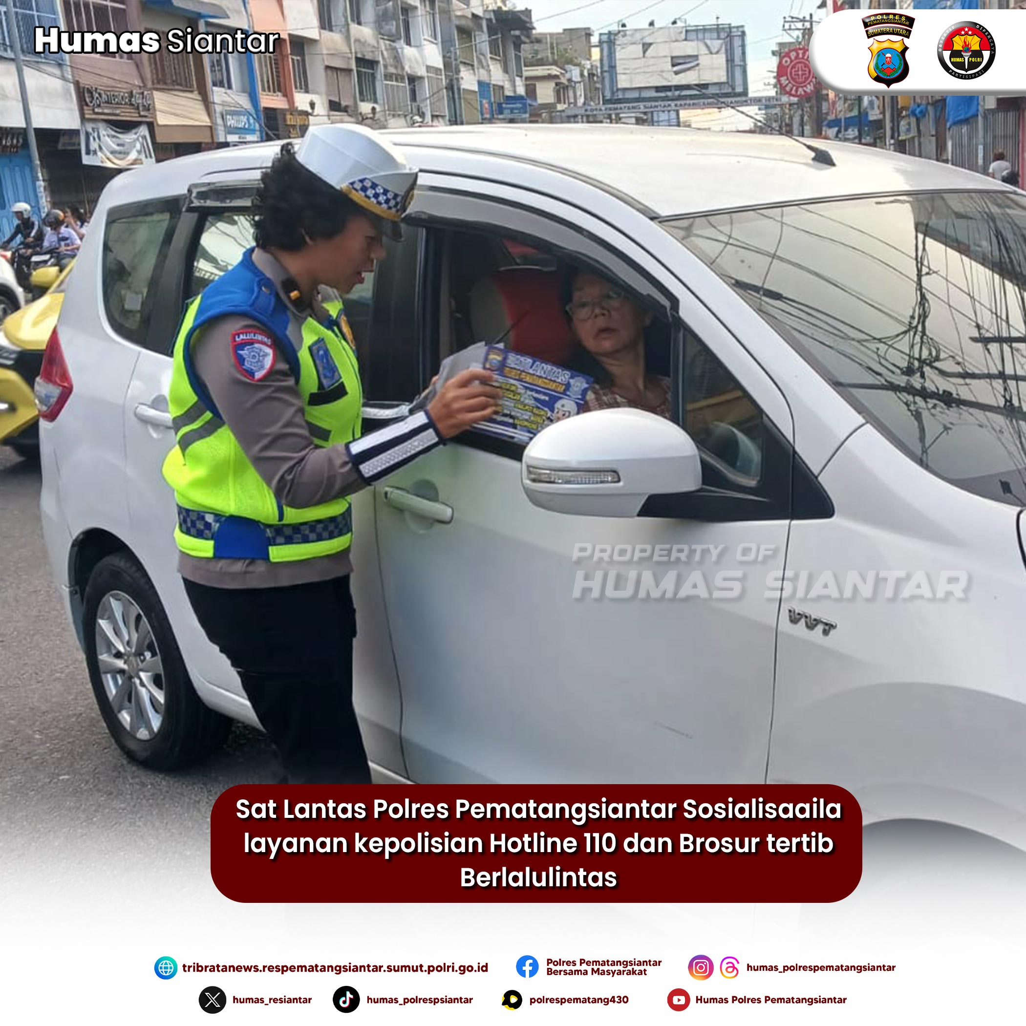 Sat Lantas Polres Pematangsiantar Sosialisaaila layanan kepolisian Hotline 110 dan Brosur tertib Berlalulintas