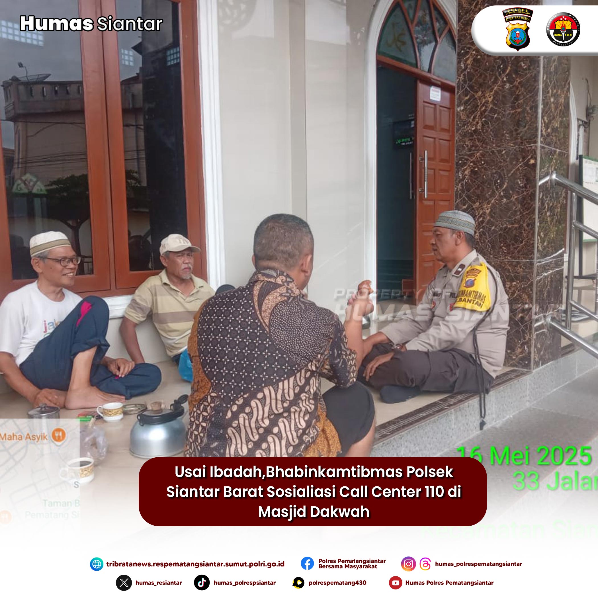 Usai Ibadah,Bhabinkamtibmas Polsek Siantar Barat Sosialiasi Call Center 110 di Masjid Dakwah