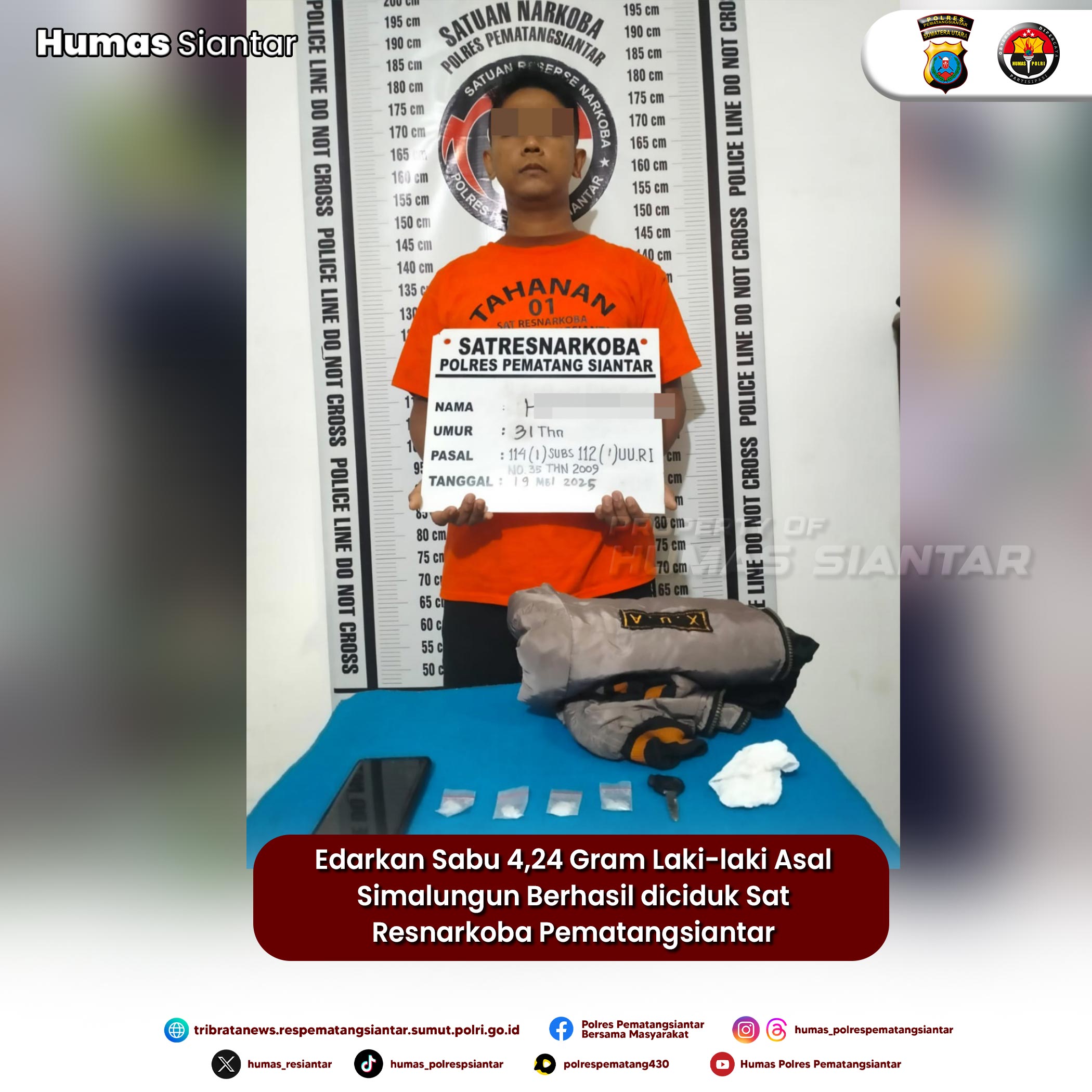 Edarkan Sabu 4,24 Gram Laki-laki Asal Simalungun Berhasil diciduk Sat Resnarkoba Pematangsiantar